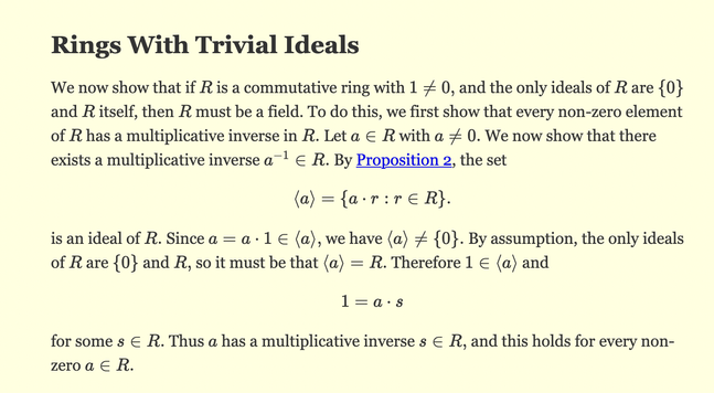 A screenshot of an article discussing rings with trivial ideals