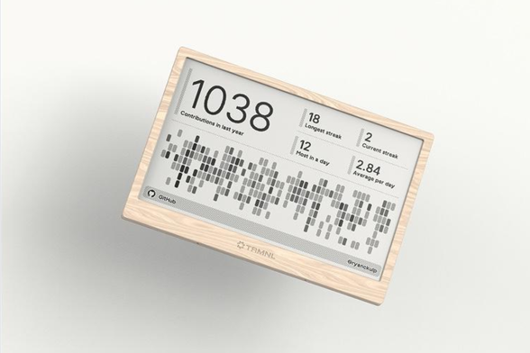 Auto-generated description: A wooden-framed device displays the number of contributions made over the past year, along with statistics like longest streak and average per day.