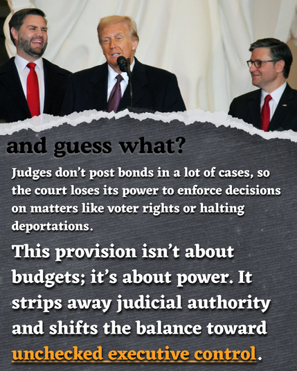 and guess what? Judges don’t post bonds in a lot of cases, so the court loses its power to enforce decisions on matters like voter rights or halting deportations. This provision isn’t about budgets; it’s about power. It strips away judicial authority and shifts the balance toward unchecked executive control.