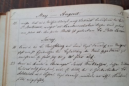 Handschriftlicher Auszug aus dem Diarium mit der Notiz über Miertschings Besuch in Christiansfeld