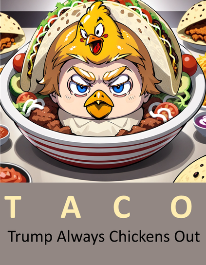 Image of a taco bowl, with a caricature of Donald Trump in it, with a chicken beak, and his hair morphed into a chicken. The text reads "T A C O, Trump Always Chickens Out."
