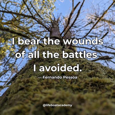 A social post from @lifeboatacademy which says: I bear the wounds of all the battles I avoided. — Fernando Pessoa