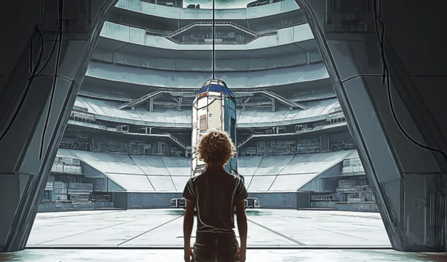 Blonde tween boy stares up at the world's first space elevator.