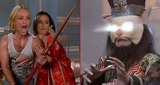 Merging the "Woman Yelling at a Cat" meme with images from the movie "Big Trouble in Little China", it features the two ladies as Jack Burton and Gracie Law and the cat as Lo Pan.