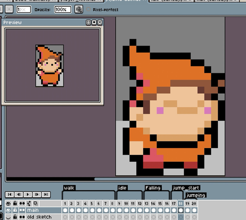 Little pixel art orange pijamaed elf about to jump. Screenshot of aseprite pixel editing software