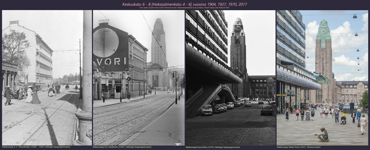 Kuva Helsingin Keskuskadunta kohti rautatieasemaa.  Neljän kuvan sarja noin 30 vuoden välein, kattaen noin 110 vuotta. 