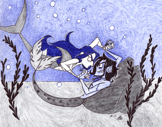 A half-shark Riley Sawyer in hand-to-hand underwater combat with merman Maury Frankenstein, whose tail fin is a bit worse for wear.