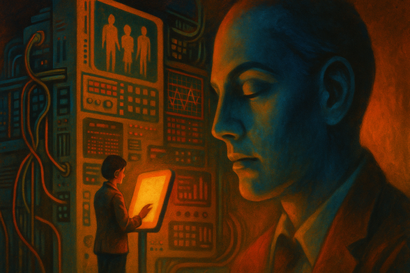 A surreal, retro-futuristic illustration of educators navigating a digital landscape shaped by data streams, control panels, and towering abstract systems, symbolising policy as a pedagogical struggle.