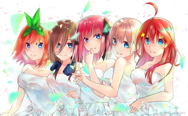 anime, anime girls, 5-toubun no Hanayome, Nakano Ichika, Nakano Itsuki, Nakano Miku, Nakano Nino, Nakano Yotsuba, long hair, short hair, pink hair, redhead, brunette, group of women, twins, artwork, digital art, fan art