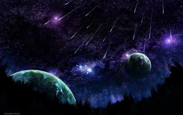 science fiction, space, planet, digital art, sky, trees, night, space art