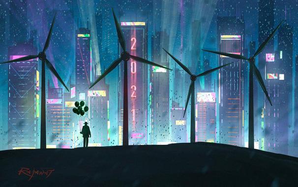 ArtStation, digital art, illustration, Surendra Rajawat, city, night, neon, cyan, wind turbine, 2021 (year)