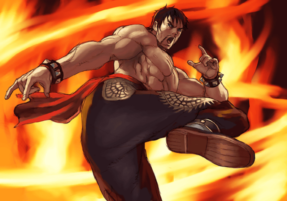 Marshall Law, personagem da franquia Tekken, aparece em uma arte de estilo ilustrativo do jogo Tekken 5. Ele está sem camisa, em pose de chute alto com expressão de grito, destacando seus músculos definidos. Usa calças pretas com detalhes dourados e um cinto vermelho esvoaçante. Ao fundo, há chamas intensas em tons de laranja e vermelho, dando sensação de ação e energia explosiva.