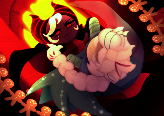 Dark enchantress cookie and White lily cookie doing a waltz with white lily in a dip facing the camera with closed eyes while Dark enchantress looks at her in disdain