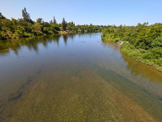 Looking down at a wide, shallow part of the river from a pedestrian bridge. You can see the cobble bottom of the river.