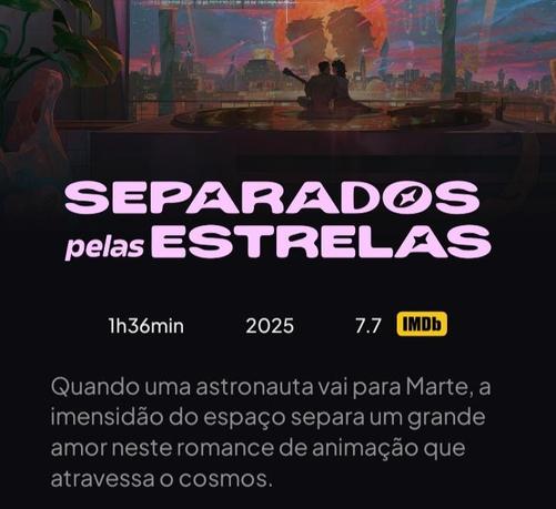 Pôster do filme animado separados pelas estrelas. Vemos pelas costas um homem e uma mulher sentados bem juntinhos na varanda de um prédio. Ele segura um violão. O horizonte está tomado por luzes néon e uma lua vermelha se destaca com a sombra dos dois rostos do casal se olhando nela. Sinopse: quando uma astronauta vai para Marte, a imensidão do espaço separa um grande amor neste romance de animação que atravessa o cosmos.