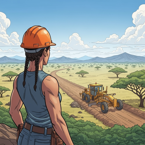 Model: Imagen 4
(illustration, comic book, vector, 4k, hyper-detail, meticulous detail), a female construction worker, wearing a hard hat, on a hill top looking over a simple road construction in the african savannah with a grader, view from behind, mountains in the background