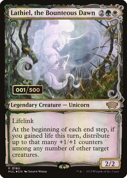 Card Name: Lathiel, the Bounteous Dawn
Set: Multiverse Legends
Description: Lifelink
At the beginning of each end step, if you gained life this turn, distribute up to that many +1/+1 counters among any number of other target creatures.
Artist: Shawn Wood