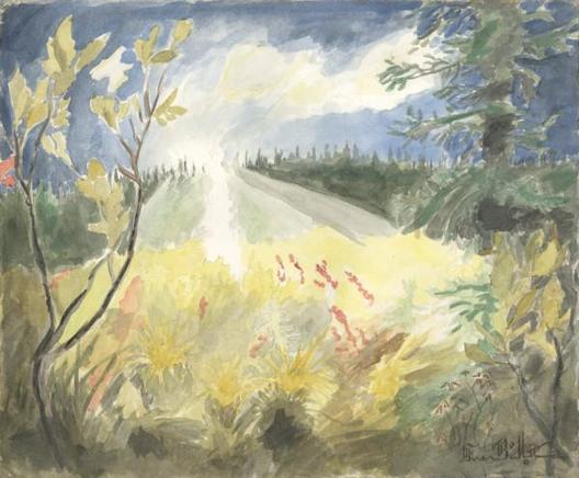 Watercolor on paper depicting bright rays of sun shining over a ridge of evergreen trees onto yellow foliage below. It is framed by small trees and shrubs, and a few clouds above.