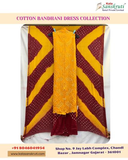 👑 NEW! Golden & Red Cotton Satin Bandhani Dress ✨