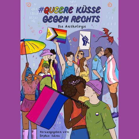 Das Buchcover zeigt eine Illustration mit feiernden Menschen, von denen sich einige küssen und Flaggen in verschiedenen Pride-Farben dabei haben.