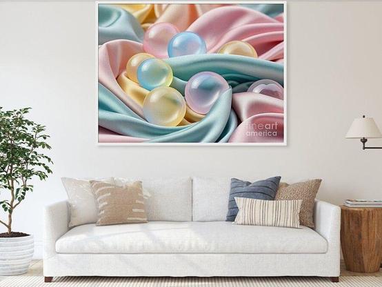 Bubbles or spheres with a pearlescent sheen rest gently on luxurious drapes of pastel-colored silk in pale pink, light blue and soft yellow. The fabric folds of silk create a sense of softness, enhancing the dreamy and serene ambiance.

The bubbles or spheres vary slightly in size and hue, and their translucent nature allows the colors of the underlying fabric to subtly show through.

I set out to create a pretty image of softness with pastel colors that I feel would make a lovely abstract print or look lovely on many of the fine art america products, especially a duvet cover, pillow, etc.

By Kaye Menner
https://kaye-menner.pixels.com/featured/bubbles-on-silk-by-kaye-menner-kaye-menner.html

THE FINE ART AMERICA LOGO WILL NOT APPEAR ON PURCHASED PRINTS OR PRODUCTS.

