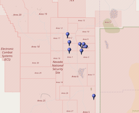 Kartierung aller Koordinaten von "Operation Tumbler-Snapper (Atomtest)" im Testgebiet Nevada (Nevada National Security Site, NNSS)
Quelle: OpenStreetMap
Lizenz: Open Data Commons Open Database-Lizenz (ODbL)