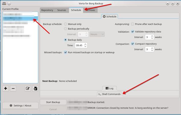 Screenshot showing where to find the "shell commands" tab in Vorta backup application.