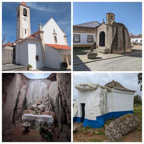 A collage of four photos of antas-capelas: Portuguese dolmens that have been turned into Christian churches