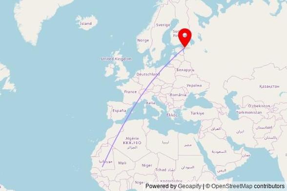 A map showing the great circle route from Kiffa in Mauritania to a map pin at Orthodox Church of Resurrection, Linda 11/1, 20308 Narva, Estonia