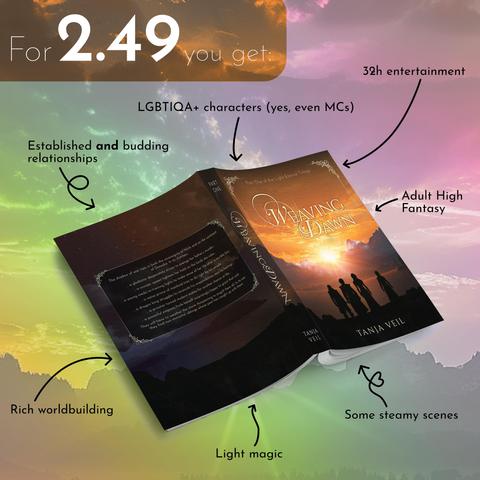 Mockup of the book "Weaving Dawn" lying open with facts written about it.