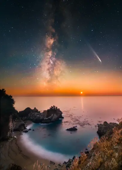 Comet Tsuchinshan–Atlas (C/2023 A3) and Milky Way seen from McWay Falls in Big Sur. 