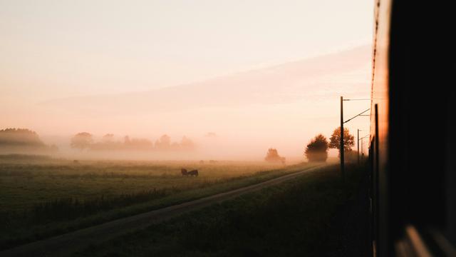 Am offenen Zugfenster im Morgengrauen