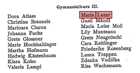 Screenshot von anno.onb.ac.at, eine Jahresliste der Schwarzwaldschule von 1913 mit Text: Gymnasialkurs III. Dora Atlass Christine Brauneis Marioara Ciurcu Johanna Fuchs Grete Glossner Marie Hochhaltinger Martha Hofmann Hedwig Kästenbaum Klara Kohn Valerie Lampl Maria Lazar Gusti Mändl Maria Luise Moll Lily Munteanu Grete Neugröschl Cara Reitlinger Friederike Rosenberg Laura Trappen Zdenka Vidicka Risa Wachsmann.