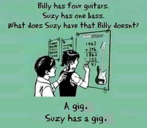 CARTOON: Two children, a boy and a girl, at school doing math on a sheet of paper tacked to the wall.

TEXT: 

Q: Billy has four guitars. Suzy has one bass. What does Suzy have that Billy doesn't?

A: A gig. Suzy has a gig.