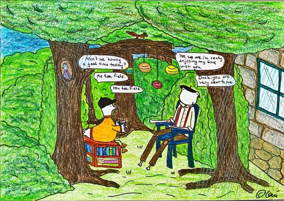 When it rains and there are thunderstorms, Fiete and Duck retreat to the small nature pavilion with their coffee. Then they listen to the rain pattering on the canopy and keep each other company. If they don’t want to talk, they can sit on the little book stool. Then Fiete likes to read to Duck.   The story 🦆: Aren’t we having a good time today?   🐸: Yes, we are. I’m really enjoying my time with you.   🦆: Me too, Fiete.  🐸: Duck, you are very dear to me.  🦆: You too, Fiete.  #fieteandduck #comic #duck #frog #dailycomic #travel #dreaming #coffee #mentalhealthmatters #mentalhealthawareness #introvertlife #ambivertlife #coffee #coffeelove
