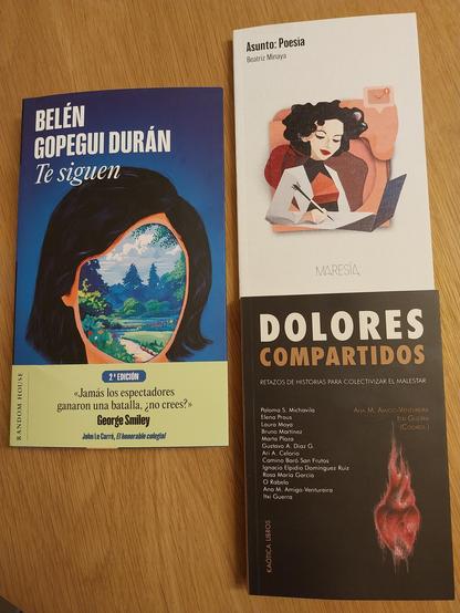 Portada de tres libros:

Te siguen, Belén Gopegui

Asunto: Poesía: Beatriz Minaya

Dolores Compartidos: Marta Plaza et al. 