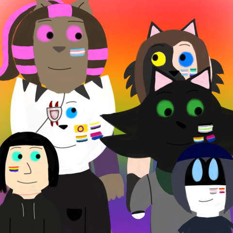 Drawing of Minea looking up at their two children, Nova and Cinder with a smile and Jupiter is looking down at Minerva with a smile as their dark green mask is down at xer neck. Millie and Minerva are looking at each other with a smile and Nova is looking at Cinder with a smile. Cinder is looking at Nova. They all have pride flags painted in their cheeks which are intersex, non-binary, aroace and bi flag for Minea, agender, aroace and bi flag for Jupiter, demigirl and lesbian flag for Minerva, rainbow flag for Millie, trans flag for Nova and trans and gay flag for Cinder. The background is in rainbow flag's colors