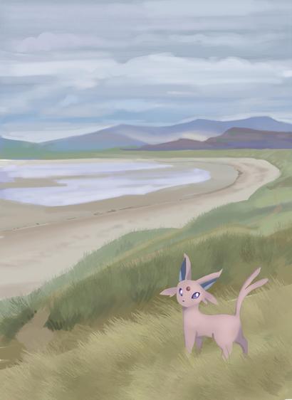 Espeon stands on the seashore on a cloudy day and looks at us