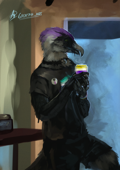 Digital illustration of an anthropomorphic bearded vulture, wearing black shorts,choker necklace and tshirt(with the MlM pride flag, and a demisexual flag pin), leaning back on a coffee table in a coffee shop. The cup has the nonbinary flag on it.The illustration has a classical/painterly feel to it.