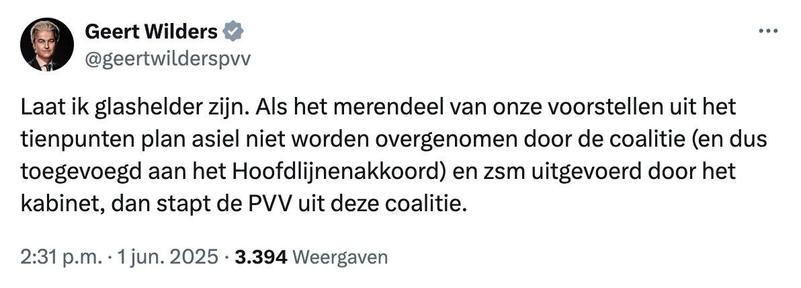 Wilders dreigt kabinet te verlaten als hij zijn zin niet krijgt