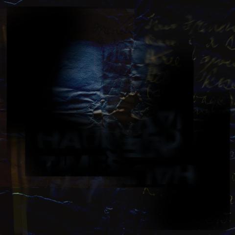 Cover for the track release "Haunted Times" by Jay. It shows a dark scenery of blue and yellowish distorted elements and words in a light and shadow composition.