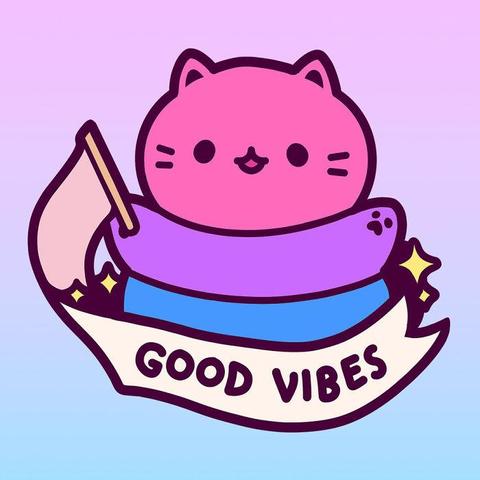 Image found online of a cute cat in bisexual colors holding a flag that reads Good Vibes. 