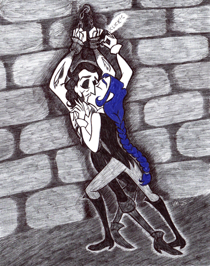 Riley Sawyer and Levasseur locked in a strong kiss as she unlocks his shackles hung over his head.