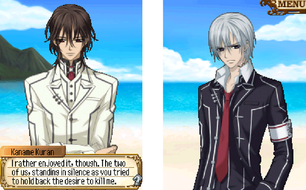Screenshot of the Vampire Knight DS game. Kaname Kuran and Zero Kiryuu standing at a beach. Kaname says: I rather enjoyed it, though. The two of us standing in silence as you tried to hold back the desire to kill me.