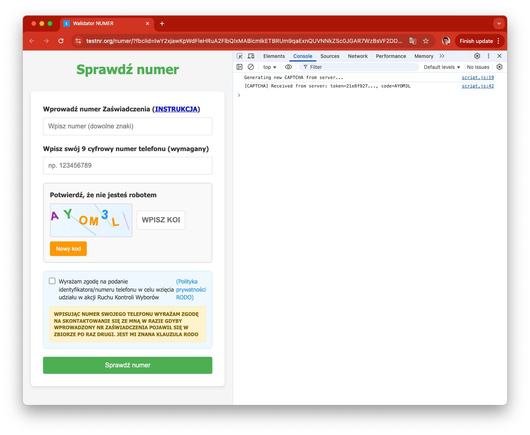 Zrzut ekranu ze strony testnr.org, pokazujący kod captchy logowany plaintekstem w devtoolsach.