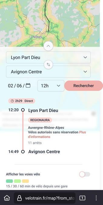 Lyon-Part-Dieu - Avignon Centre sur VéloTrain le 2 juin 2025 à 12h: 12h20 -> 14:49, "Auvergne-Rhône-Alpes Vélos autorisés sans réservation", 11 arrêts.