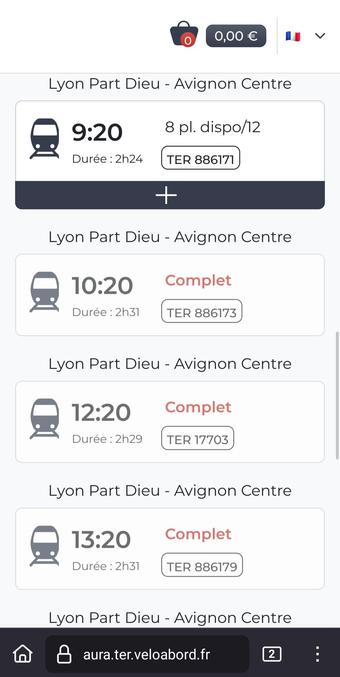 Réservation de place vélo pour Lyon-Avignon sur aura.ter.veloabord.fr demain 2 juin 2025:
9h20: 8 places disponibles / 12
10h20: complet
12h20: complet
13h20: complet
