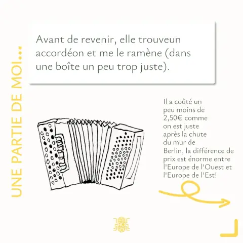 Avant de revenir, elle trouve un accordéon et me le ramène (dans une boîte un peu trop juste).
illustration d'accordéon
Il a couté un peu moins de 2,50€ comme on est juste après la chute du mur de Berlin, la différence de prix est énorme entre l'Europe de l'Ouest et l'Europe de l'Est.
