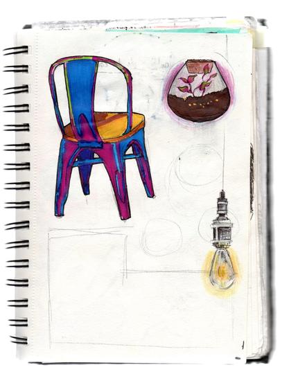 A sketchbook. There is a chair drawn in blue, purple, yellow, green, orange and brown. A glowing potted terrarium with pink and green leafs. And a suspended light bulb glowing in yellow