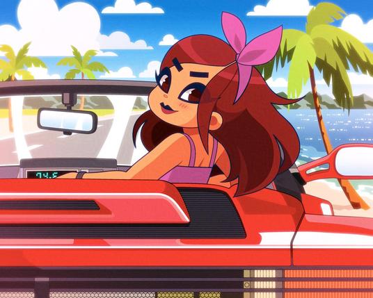 A depiction of the Sega arcade video game "Out Run" with my character Siân sitting in the passenger seat.